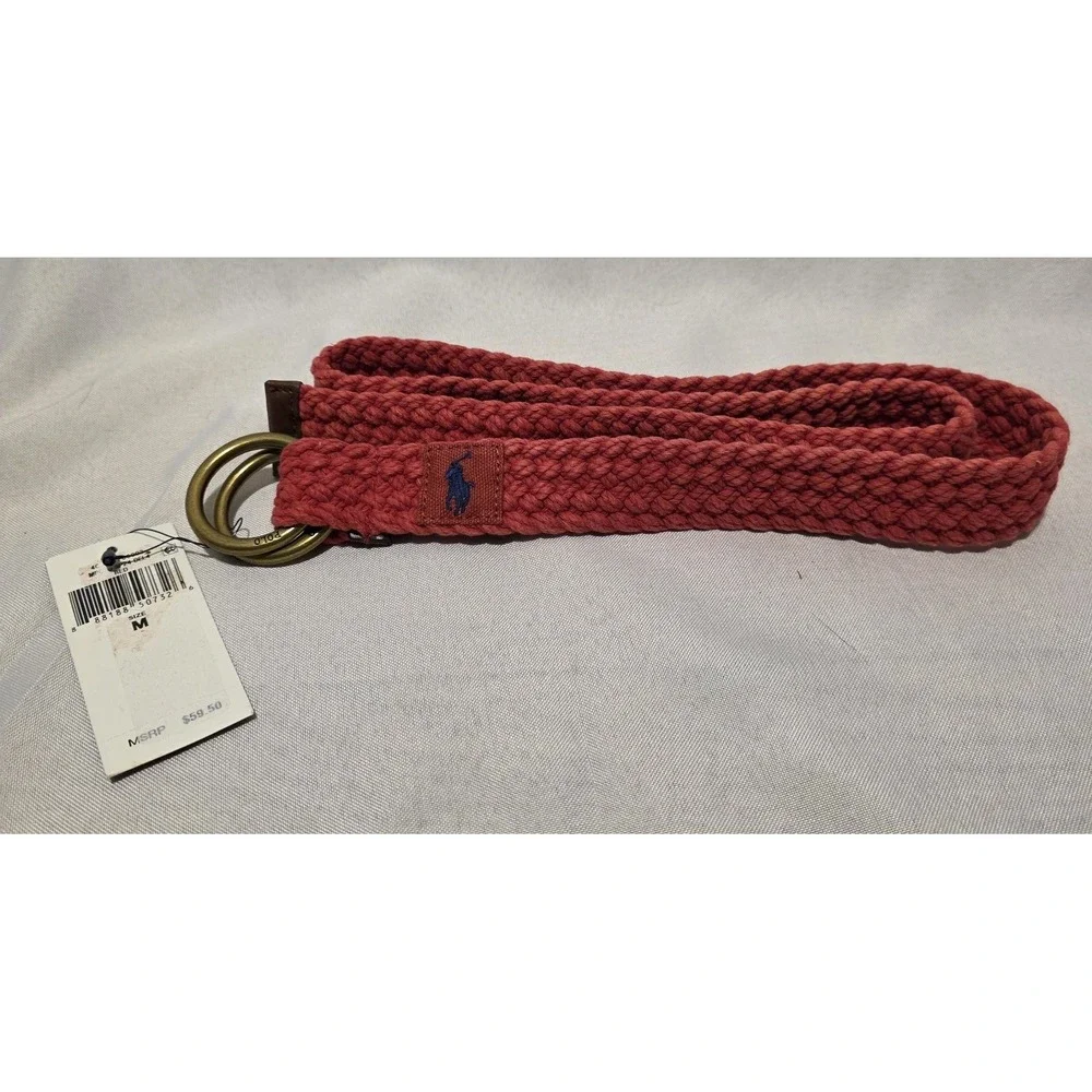 Polo Ralph Lauren Double O-Ring Braided Canvas/Leather Trim Red Belt NWT. Size M